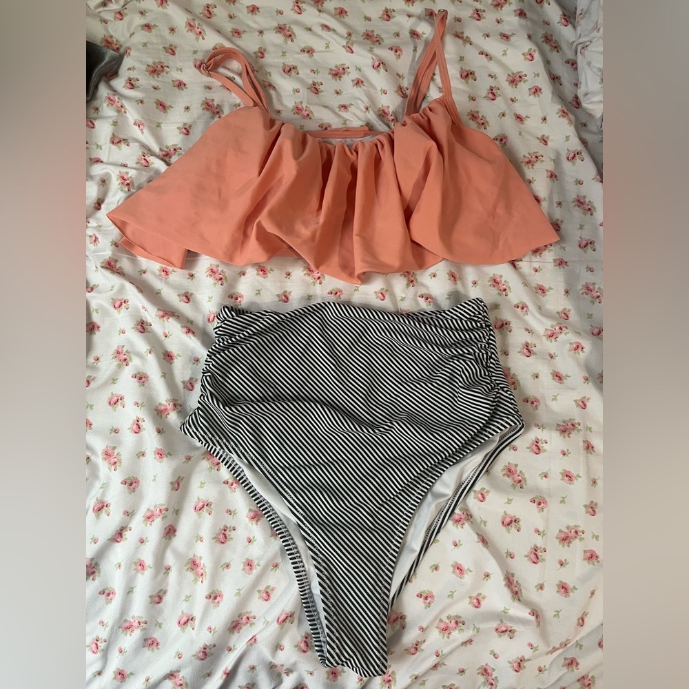 Pink Ruffle Bikini Top and Striped High-Waisted Bottoms
